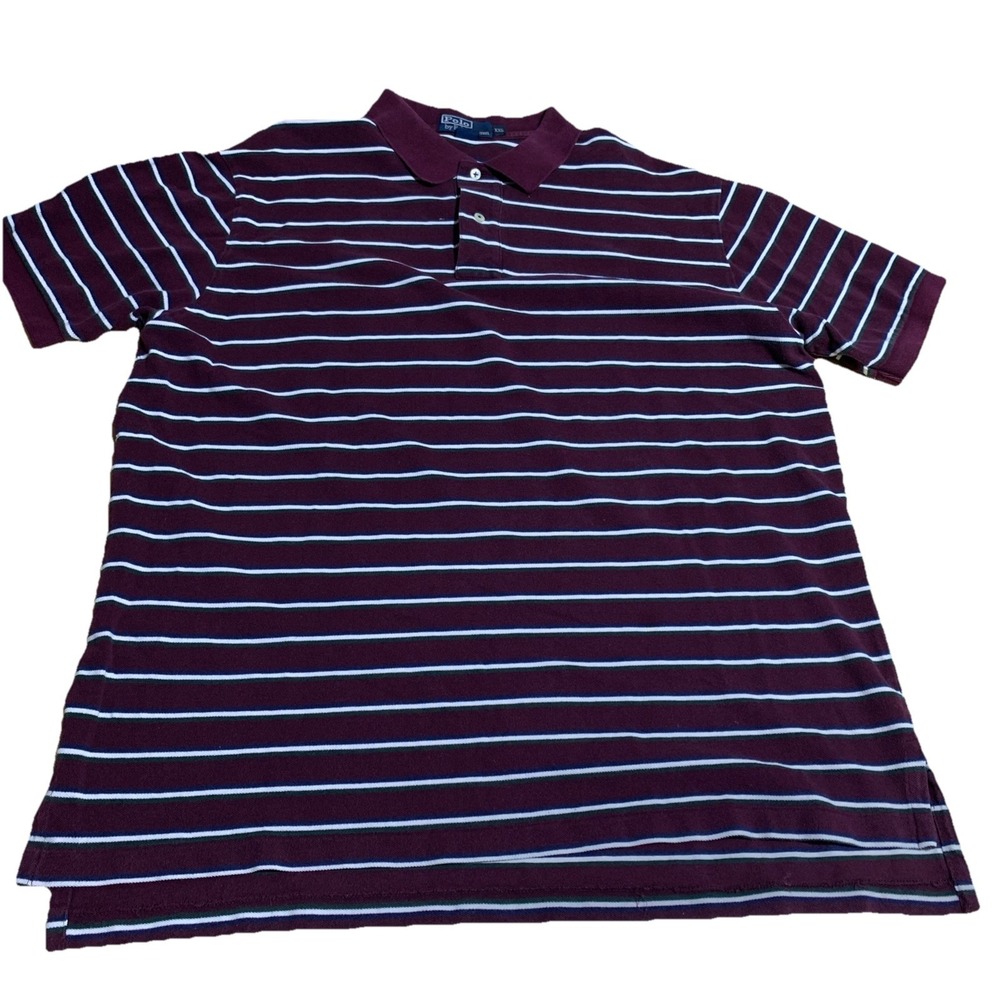 Ralph Lauren Polo Shirt Maroon Blue‎ Ivory Stripe Men's XXL Short Sleeve Cotton